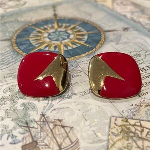 Monet Red Square Enamel Earrings Clip On Gold Tone